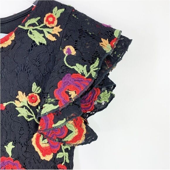 Anthropologie Eva Franco Poppy Black Floral Embroidered Mini Dress 4P Drop Waist - Picture 6 of 14